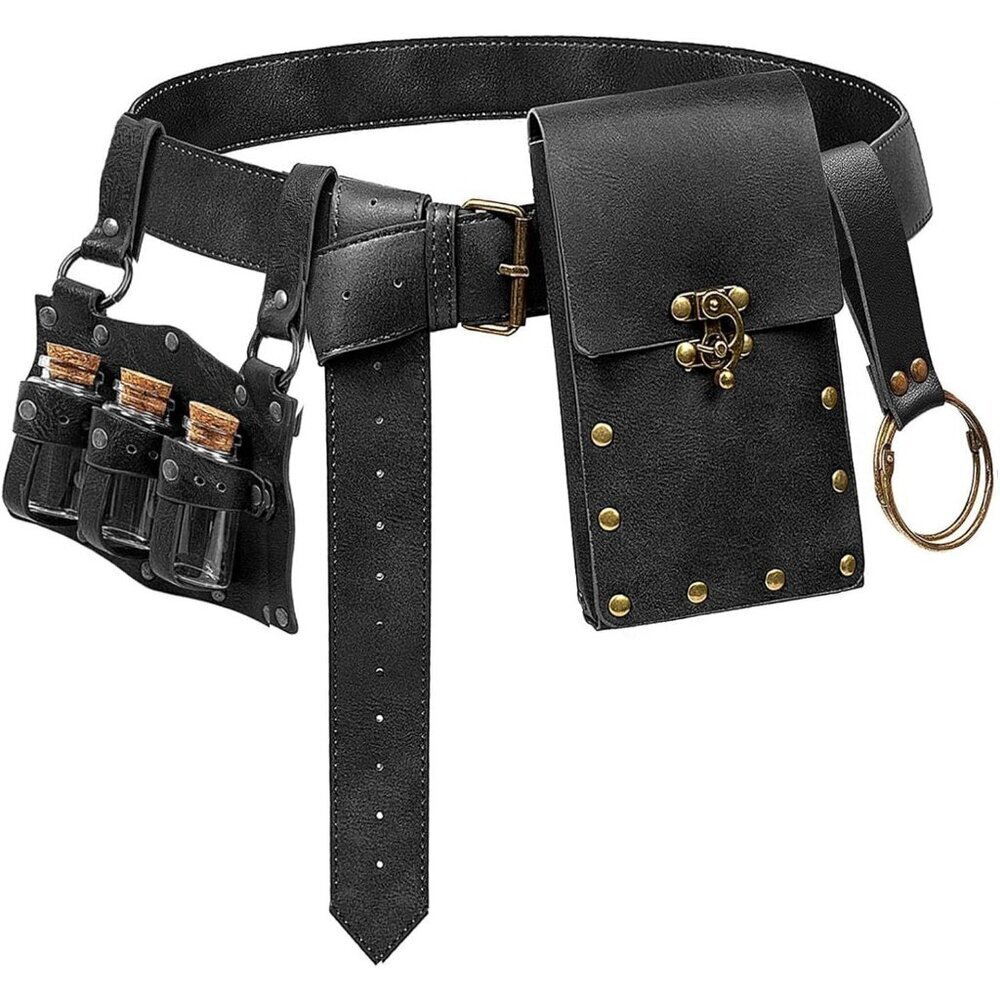 Black 3Bottle-New Leather Belt Pouch Waist Bag Medieval Phone Holder GearFX